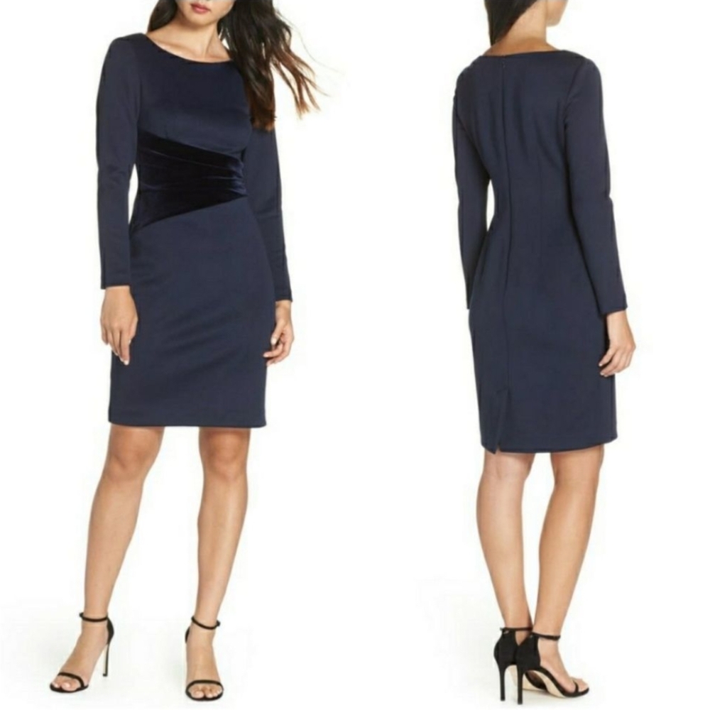 Vince Camuto Navy Cocktail Sheath Dress Long Sleeve Velvet Panels Sz 10